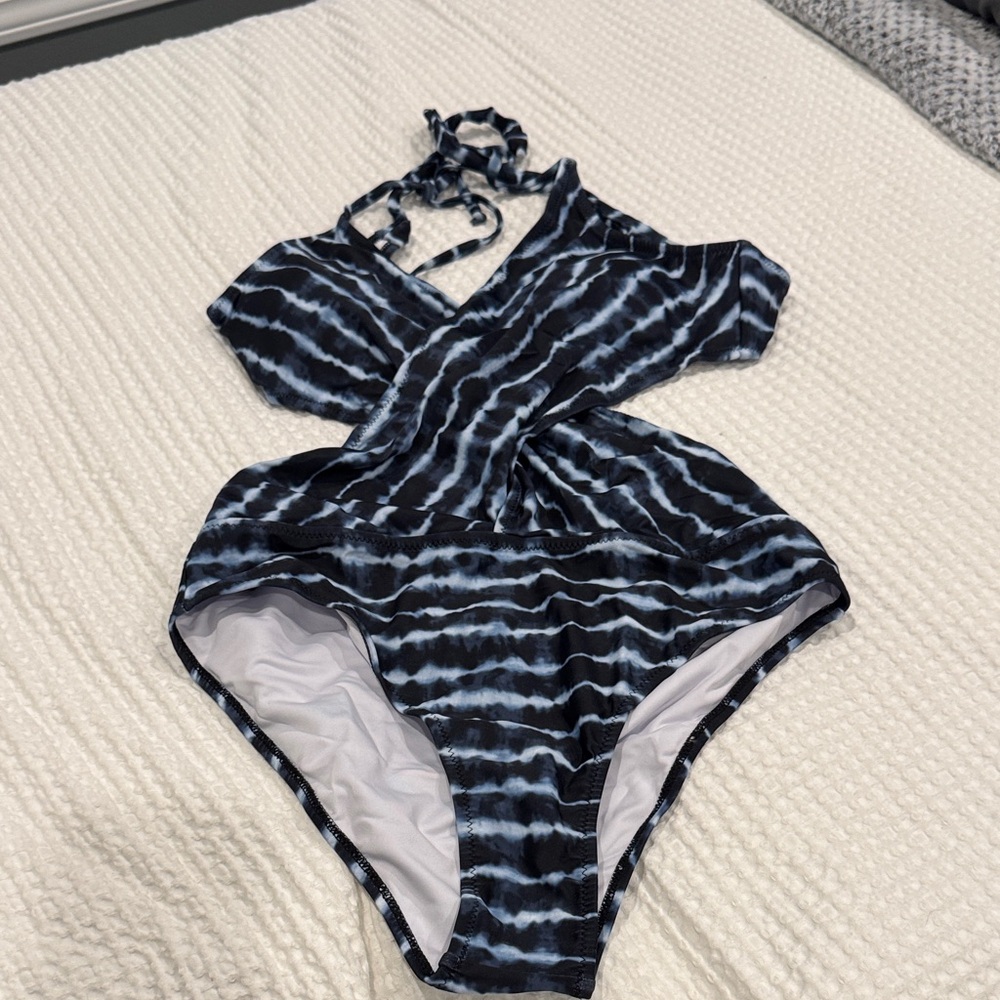 Popvil Blue and White Tie-Dye One Piece Wrap Swimsuit